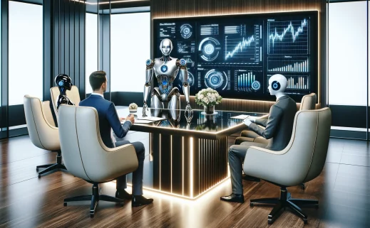 DALL·E 2024-05-06 11.54.47 - A finance-focused meeting scene featuring a mix of AI and human interaction. The image depicts a sophisticated meeting room with a sleek, modern table